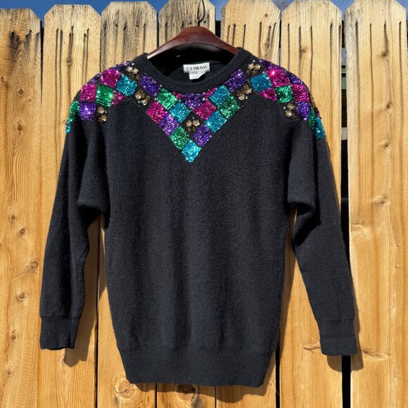 Vintage 80s Climax Black Lambswool Angora Bright Sequin Sweater | Size M/L - Picture 6 of 15